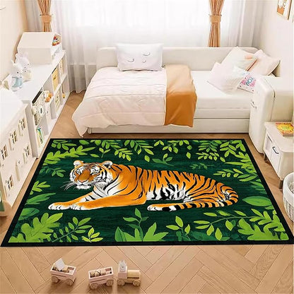 Tiger Rugs，5x6ft,Tiger and Green Leaf Print Rug for Living Room，A Colorful and Artistic Tiger Rug, Perfect for A Children's Play Area，Machine Washable Non-Slip Carpet Suitable for Bedroom and Study