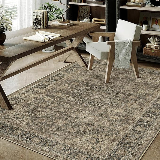 4x6 Washable Brown Area Rug Vintage Entryway Office Carpet Non-Slip Soft Low Pile Distressed Indoor Throw Rug for Living Room Bathroom Dining Room