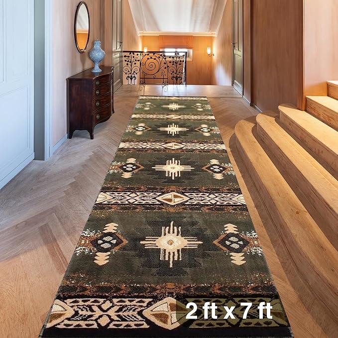 YHSF South West Native American Area Rug C318 - Easy Clean, Thick, Soft, Durable Native Tribal American Indian Inspired Rug for Bedroom/Living Room and More - Sage Green, 2 Feet x 7 Feet