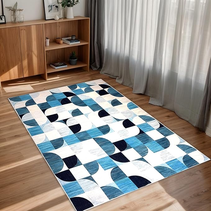 3x5 Rugs Machine Washable, Modern Abstract Area Rugs for Bedroom Entryway Living Room Bedside Low-Pile, Boho Small Throw Floor Carpet Non Slip Soft Indoor Rug Ultra-Thin Navy Blue
