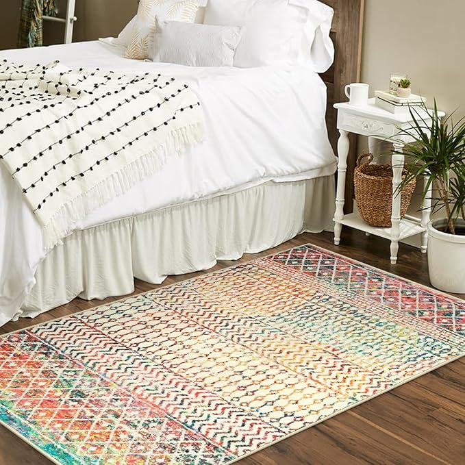 Moroccan 3x5 Rug,Ultra Soft Area Rugs for Living Room Non-Slip, Low-Pile Retro Distressed Colorful Nursery Rug for Kitchen Entryway Bedroom Living Room Office Carpet