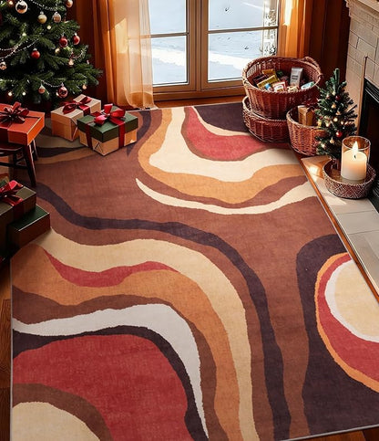 YIHOUSE Burnt Orange Rug 5x7 Washable,Farmhouse Brown Retro Carpets,Geometric Abstract Wavy Rug for Bedroom,Unique Colorful Rugs for Living Room,Dining Room,Alfombras para Salas