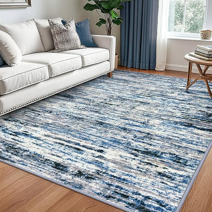 Modern Abstract 5x7 Machine Washable Area Rug Non-Slip Soft Bedroom Living Romm Rug Grey Blue White Thin Print Faux Wool Floor Carpet Throw Rugs for Nursery Playroom Dining Room Indoor