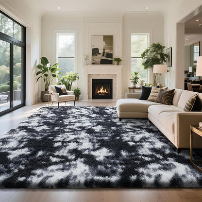 Fluffy Rug Shaggy Area Rug, Mottling Black 8x10 Area Rugs for Living Room, Large Shag Area Rugs for Bedroom Kids Room Home Decor, Upgrade Anti-Skid Rectangular Fuzzy Rugs