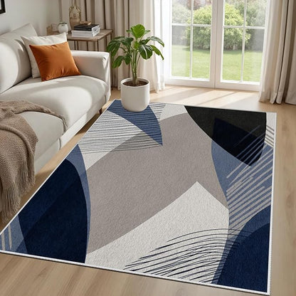 Abstract Art Line Living Room Area Rugs 4x5, Modern Boho Geometric Print Soft Rug, Minimalist Washable Non Slip Neutral Carpet for Bedroom, Dining Room Office Playroom, Navy Blue Gray