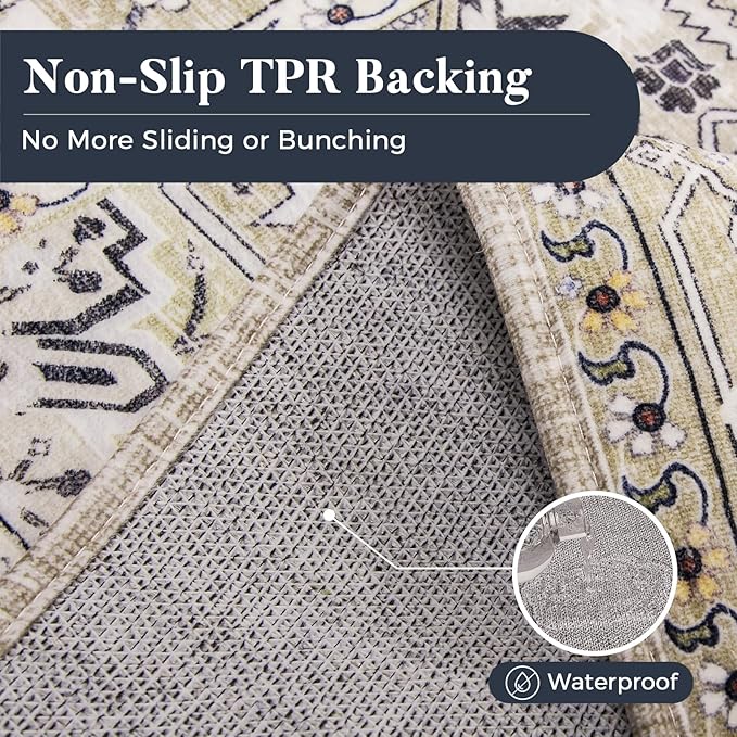 PURRUGS Vintage Farmhouse Boho Large Area Rug 8x10 ft, Non-Slip Machine Washable Rug, Accent Oriental Rug for Living Room, Dining Room, Bedroom, Entryway and Kitchen, Taupe/Vanilla