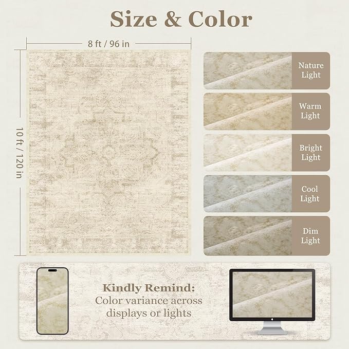 Beige Farmhouse Distressed 8x10 Area Rugs for Living Room, Washable Non Slip Bedroom Rugs Under Bed Faux Wool Soft, Natural Medallion Pinted Thin Carpet for Dining Room Home Office