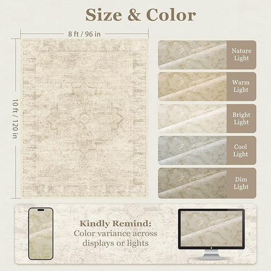 Beige Farmhouse Distressed 8x10 Area Rugs for Living Room, Washable Non Slip Bedroom Rugs Under Bed Faux Wool Soft, Natural Medallion Pinted Thin Carpet for Dining Room Home Office