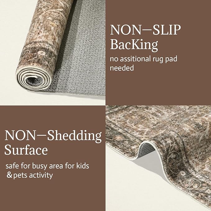Washable Area Rugs 5'x7' Non-Slip Vintage Boho Distressed Fade Resistant Low Pile Carpet for High-Traffic Living Room, Bedroom & Dining Room