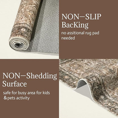 Washable Area Rugs 5'x7' Non-Slip Vintage Boho Distressed Fade Resistant Low Pile Carpet for High-Traffic Living Room, Bedroom & Dining Room