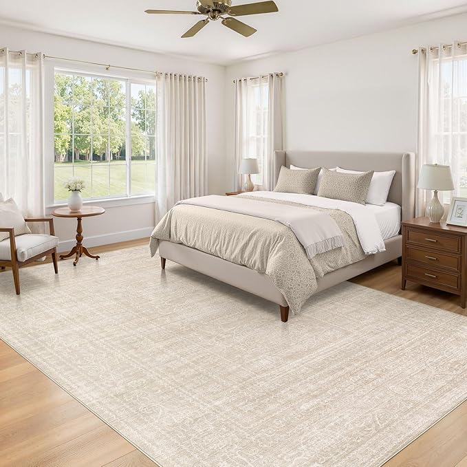 Area Rugs 9x12 Living Room: Washable Large Vintage Beige Rug Neutral Non-Slip Soft Stain Resistant Indoor Carpet for Bedroom Nursery Dining Room Under Table Bed Home House Office Playroom
