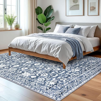 Vintage Floral 5x7 Rug, Light Blue White Washable Area Rug for Bedroom, Non Slip Living Room Rug Thin Print Faux Wool Super Soft Floor Carpet for Nursery Playroom Dining Room Indoor Office