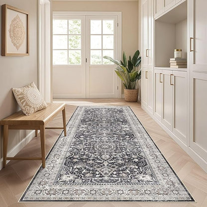 Runner Rug Kitchen Washable Rugs: 3x8 Non-Slip Boho Vintage Distressed Stain Resistant Indoor Floor Moody Oriental Throw Carpet for Hallway Bathroom Laundry Room Entryway Bedroom- Black