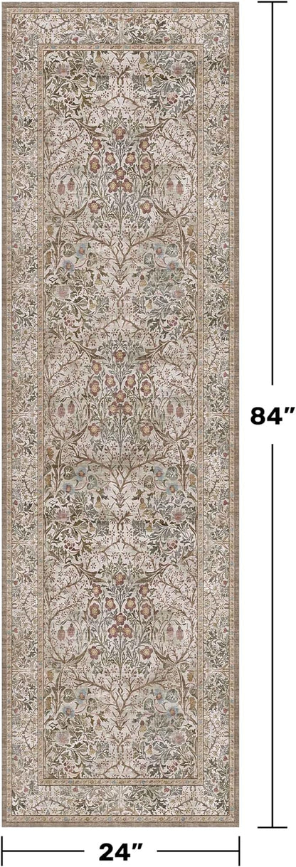 Non Slip 2x7 Moss Green Hallway Runner - Long Runner Rugs for Bathroom, Washable Kitchen Floor Mat, Bedroom Bedside - Brown Earthy Vintage Floral Décor