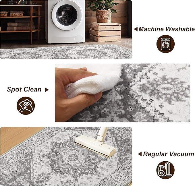 XWZO Entryway Area Rug 2x3ft — Soft Vintage Low Pile Non-Slip Backing Door Floor Mat for Bedroom Bathroom Kitchen Laundry, Spill Resistant Washable Small Indoor Carpet for Doorway & Entrance, Grey