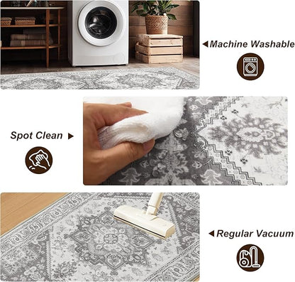 XWZO Washable Hallway Runner Rug 2x8ft — Non-Slip Low Pile Area Rug with Rubber Backing, Spill Resistant Soft Vintage Floor Carpet Runner for Kitchen Entryway Doorway Bedroom Corridor, Grey