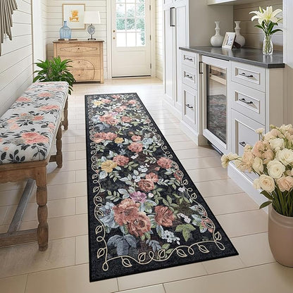 2x6 Machine Washable Runner Rug, Kitchen Hallway Area Rug Black Vintage Boho Floral Ultra Non-Slip Low Pile Soft Faux Wool Carpet, Kids and Pets Friendly for Bedroom Entryway Nursery Home Decor Rug