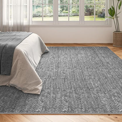 Eleisa Modern Vintage 6x9 Herringbone Chevron Area Rug for Living Room, Light Grey, Non-Slip Stain Resistant Washable Rug, Farmhouse Home Decor Carpet for Bedroom, Kitchen, Dining Room