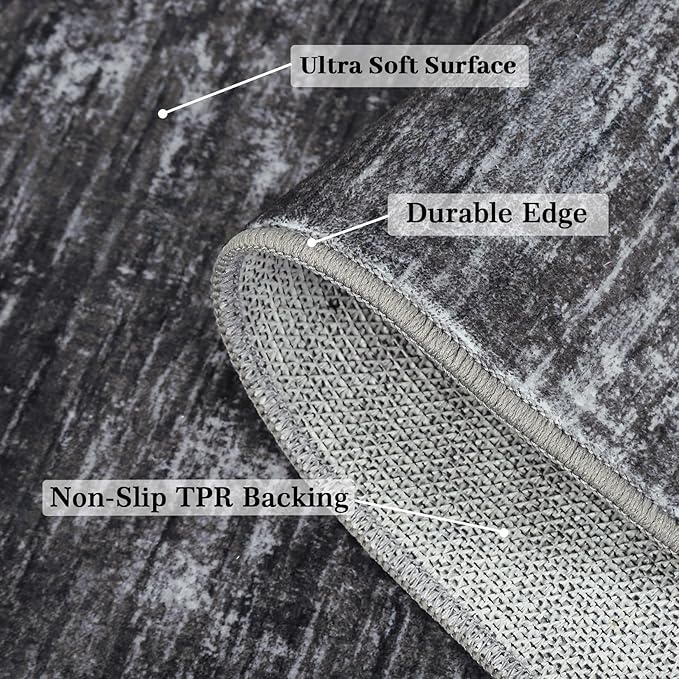 RUGSREAL 8x10 Washable Rug for Living Room Non-Slip Modern Abstract Area Rug Stain Resistant Large Bedroom Rug Contemporary Accent Throw Floor Carpet Solid Rug for Dining Room Home Decor, Dark Grey