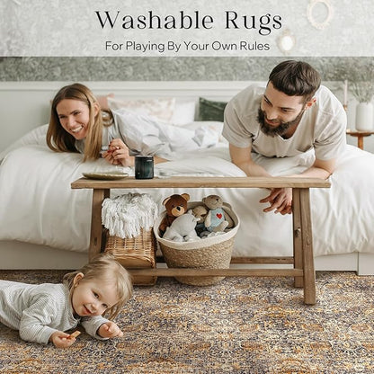 Phantoscope Washable Area Rug 4'x6' Non-Slip, Vintage Neutral Rugs for Living Room, Bedroom, Dining Room, Distressed Boho Floral Medallion Pattern, Low-Pile Foldable Carpet, Brown/Charcoal Spice