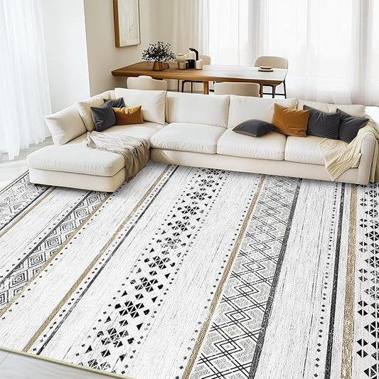 BESTSWEETIE 8x10 Area Rugs for Living Room Washable Moroccan Farmhouse Neutral Geometric Low Pile Non-Slip Soft Print Pattern Rug for Bedroom Kitchen Dining Room Entryway Black/Brown