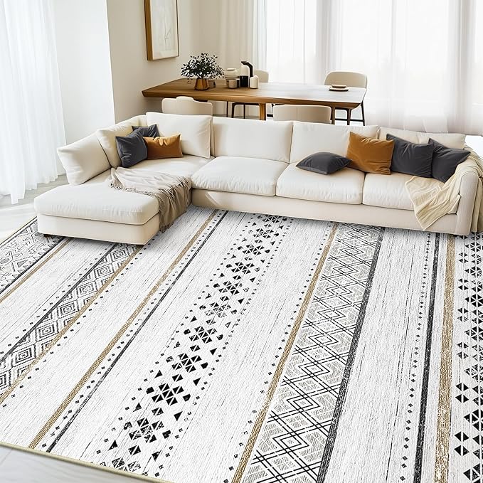 BESTSWEETIE 9x12 Area Rugs for Living Room Washable Moroccan Farmhouse Neutral Geometric Low Pile Non-Slip Soft Print Pattern Rug for Bedroom Kitchen Dining Room Entryway Black/Brown