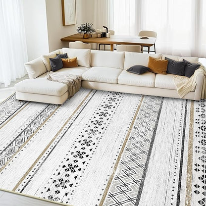 BESTSWEETIE 9x12 Area Rugs for Living Room Washable Moroccan Farmhouse Neutral Geometric Low Pile Non-Slip Soft Print Pattern Rug for Bedroom Kitchen Dining Room Entryway Black/Brown