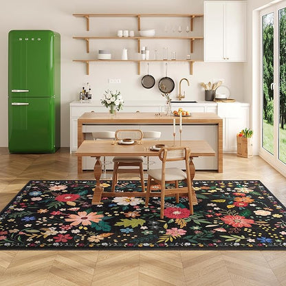 Living Room Rug 8x10 Rug Machine Washable Boho Area Rug Non Slip Floral Vintage Low Pile Large Rugs for Living Room, Bedroom, Farmhouse, Dining Room (Black)