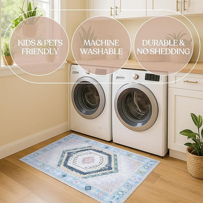 Fame Living Washable Area Rug. Modern Farmhouse. Vintage. Turkish. Bohemian. Distressed. Oriental. Traditional. Rugs for Living Room. Dining. Bedroom. Office. Entryway. Foyer. (856PBl, 9' x 12')