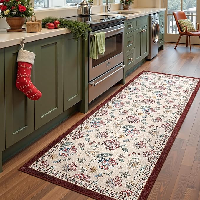 jinchan Elora 3x8 Floral Runner Rug for Hallway Washable Kitchen Runner Vintage Romance Design Non Slip Thin Indoor Floor Cover Low-Profile Throw Carpet for Entryway Bathroom Bedroom Porch, Red/Beige