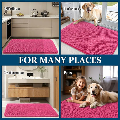 OLANLY Dog Door Mat for Muddy Paws 36x24, Absorbs Moisture and Dirt, Absorbent Non-Slip Washable Doormat, Quick Dry Chenille Mud Mat for Dogs, Entry Indoor Entryway Carpet for Inside Floor, Hot Pink