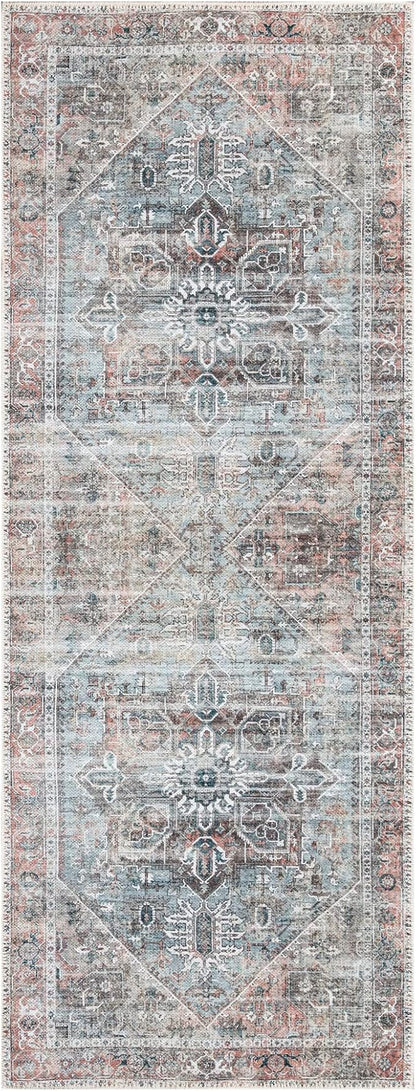 Bloom Rugs Washable Non-Slip 10 ft Runner - Light Pink/Light Blue Traditional Medallion Runner for Entryway, Hallway, Bathroom, and Kitchen - Exact Size: 2.5' x 10'