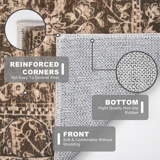 KILOCOCO Area Rug 3x5 Entryway Rug Washable Printed Vintage Floral Rubber Backed Non Slip Indoor Kitchen Rugs for Living Room Laundry Room Playroom Mudroom Moroccan Area Rugs, Rust Red