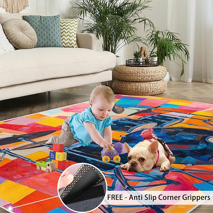 3x6 Drum Set Bedroom Rug Under Bed - Abstract Art Kids Room Rugs, Pop Art Bedroom Runner Rug Soft Washable for Living Room Kitchen