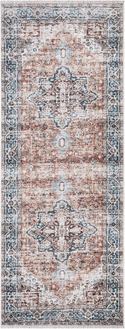 Bloom Rugs Caria Washable Non-Slip 7 ft Runner - Terracotta/Blue Traditional Runner for Entryway, Hallway, Bathroom, and Kitchen - Exact Size: 2'6" x 7'