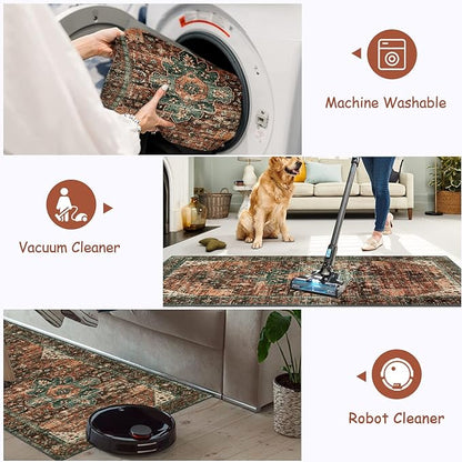 Moynesa Ultra-Thin Washable Runner Rug - 2x4 Laundry Room Rug Runners for Kitchen Non-Slip, Vintage Stain Resistance Non Shedding Bedroom Carpet Runner for Bathroom Hallway, Brick Red