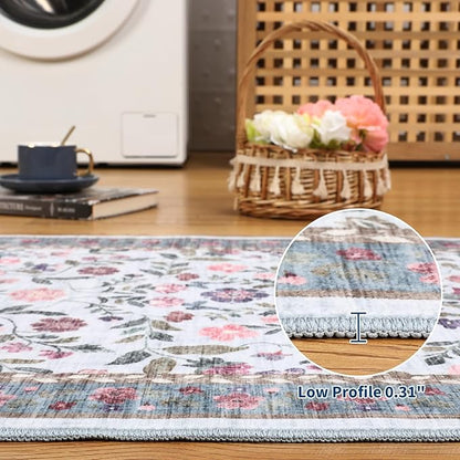 5x7 Washable Non-Slip Rug, Vintage Floral Area Rug for Living Room, Low Pile Farmhouse Distressed Carpet for Nursery Playroom Dorm Teens Office, Light Blue