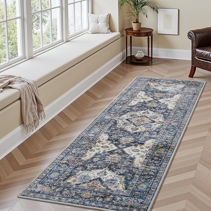 AMOAMI-2X6 Runner Rug-Washable Runners for Hallways-Soft Non Slip Bedside Rugs for Bedroom-Vintage Long Rug for Hallways Entryway Laundry Room Stair Kitchen Bathroom Blue