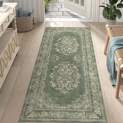 jinchan Vintage Floral Runner Rug 2x5 - Machine Washable Distressed Design Non-Slip Low-Pile Soft Thin Carpet for Hallway Kitchen Farmhouse Bedroom Entryway Laundry Room (2x5ft,Dark Green)