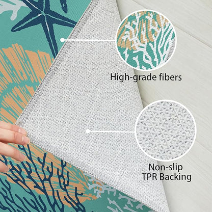 Tritard Coastal Area Rug 2x3 - Small Machine Washable Foldable Throw Rugs Non-Slip Beach Ocean Entryway Doormat Indoor Entrance Carpet for Kitchen Bathroom Laundry Bedroom Living Room, Teal