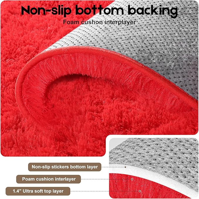 4x6 Red Rug for Bedroom Living Room, Fluffy Small Area Rug Soft Shag Carpet for Kids Boys and Girls Room with 4 Rugs Non-Slip Stickers Dorm Home Decor (4ft x 6ft)