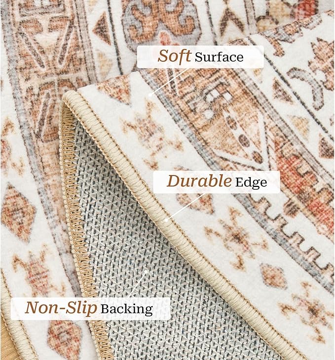 zesthome Washable Round Rug - 5ft Ultra-Thin Circle Area Rugs, Vintage Non-Slip Low Pile Rug for Living Room, Stain Resistant Rug for Bedroom, Entryway, Kitchen, Nursery