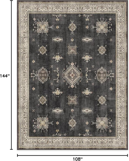 RUGGABLE Washable Vintage Area Rug – Verena Dark Wood 9x12, Stain-Resistant, Non-Slip – Large Machine Washable Rugs for Living Room, Bedroom, Hallway, Entryway & Office–with Standard Pad