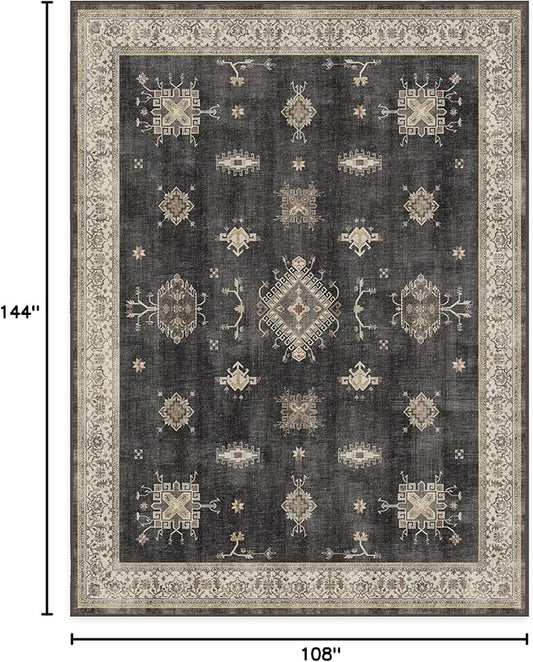 RUGGABLE Washable Vintage Area Rug – Verena Dark Wood 9x12, Stain-Resistant, Non-Slip – Large Machine Washable Rugs for Living Room, Bedroom, Hallway, Entryway & Office–with Standard Pad