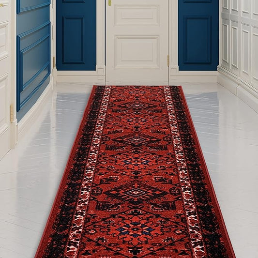 Custom Made Runner Rug Low Pile With Rubber Backing For Kitchen Foyer Hallway Entry Choose Your Length Size 31 Inch Wide Tribal Oriental Bokhara Torkaman Burgundy Color (2 feet x 31 Inch)