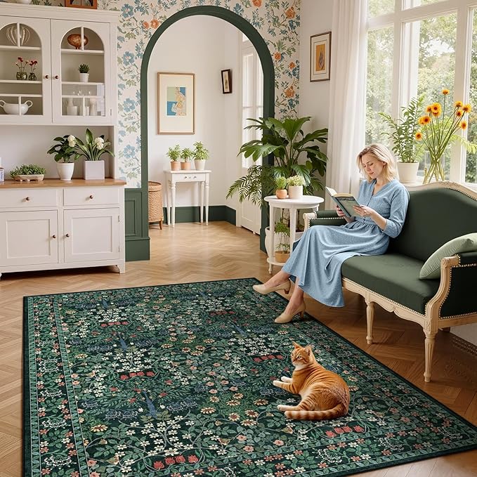 6x9 Area Rugs Living Room Rug - Floral Vintage Morris-Inspired Washable Carpet, Low Pile Non-Shedding Stain Resistance Boho Soft Carpet for Bedroom, Dining Room, Office, Farmhouse (6'x9' Dark Green)