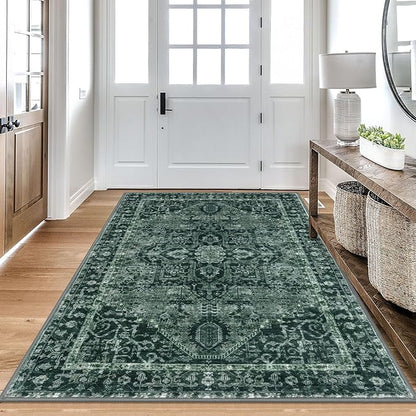 KOZYFLY Area Rug 4x6 Ft Washable Rugs for Entryway Non Slip Faux Wool Printed Throw Rug for Kitchen Bedroom Hallway Living Room Indoor Floor Decoration, Dark Green