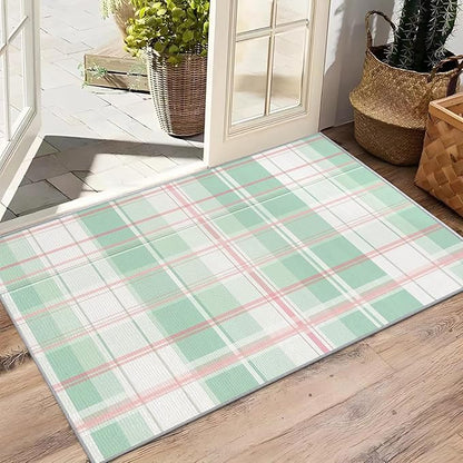 Plaid Rugs for Bedroom - 4x5ft - Mint Green Tartan Gingham Rugs for Living Room Non Slip Low Pile Machine Washable Area Rug, Plaid Carpets Home Decor & Gifts