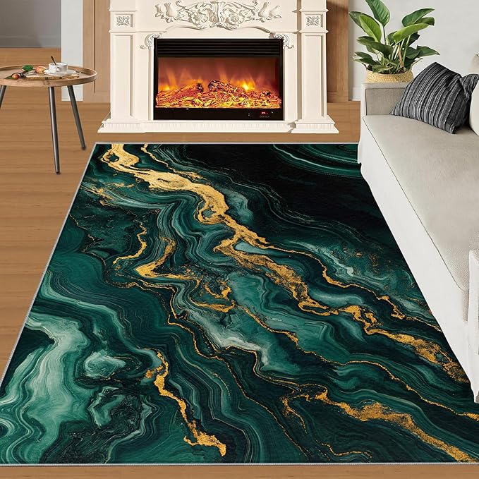 3x5 Abstract Marble Dorm Rug - Emerald-Green-Marble Small Rugs for Bedroom, Luxury Stone Pattern Area Rug Washable Non Slip for Bedroom Kitchen Living Room Entryway