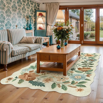 Lahome Floral Living Room Rug, 5x7 Rugs for Bedroom Ultra-Thin Soft Washable Dining Room Rug, Non Slip Stain Resistant Boho Low-Pile Throw Carpet for ‎Office (5x7ft,Beige)